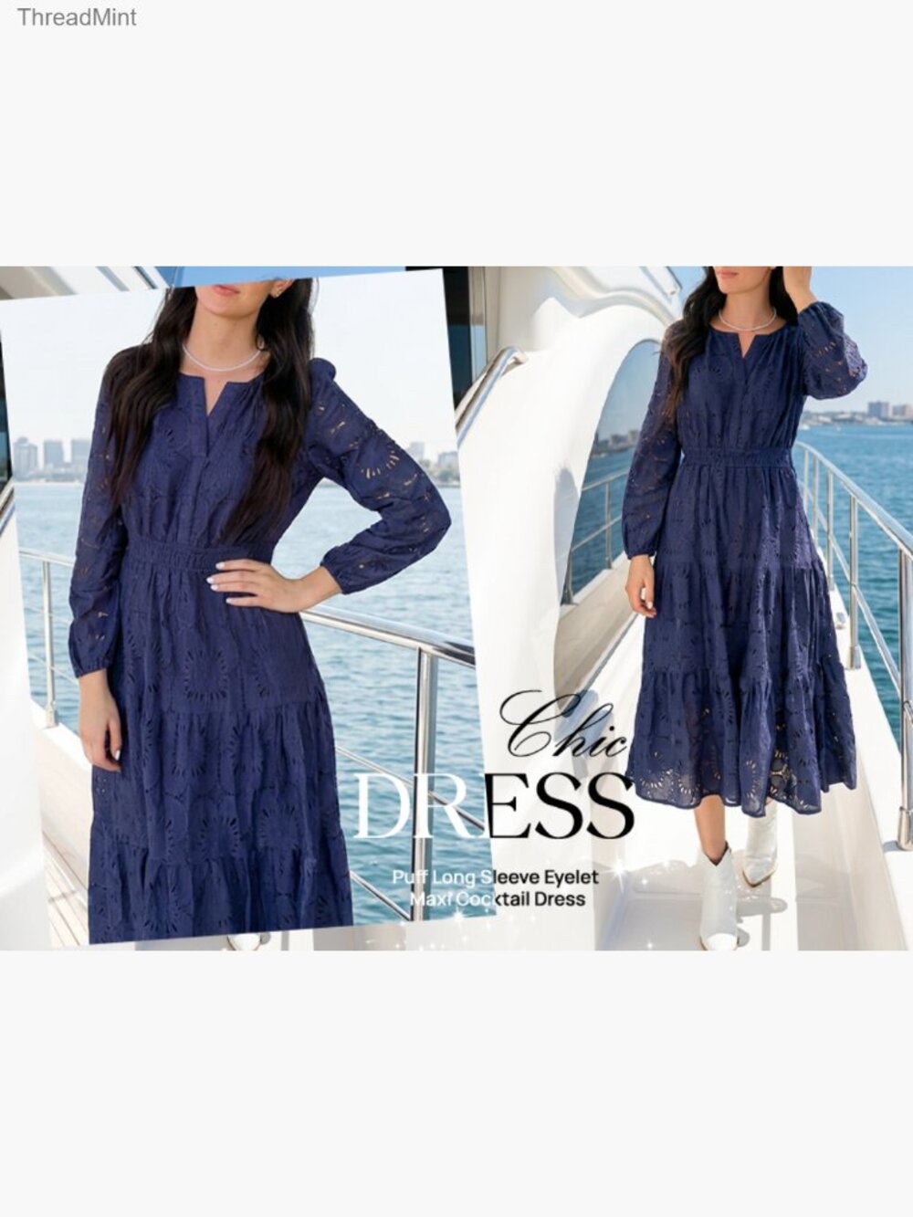 Long Sleeve Floral Maxi Dress with Pockets, Lace Eyelet Hollow Out Tiered Boho - Picture 7 of 7